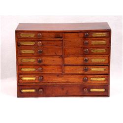 Custom made wooden multi drawer small tool or trinket box having 10 small drawers over 2 large drawe
