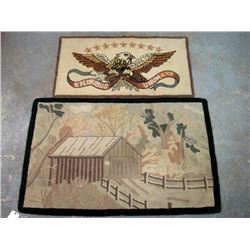 Two hooked rugs including a covered bridge in fall scene with a dark border 52  x 34 , and a spread 