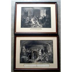 Two Victorian large folio steel engravings entitled  The Examination of a Village School  &  The Aft