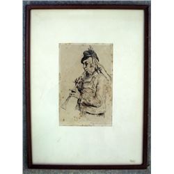 Etching of a man playing an Oboe pencil signed K. Levin (Katherine Levin Farrell  1857-1951) 1883, a