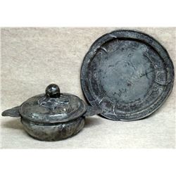 Antique pewter: 1)  Double handled covered dish with early touch marks - ornate cover has a figure f