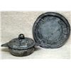 Image 1 : Antique pewter: 1)  Double handled covered dish with early touch marks - ornate cover has a figure f