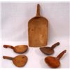 Image 2 : Grouping of country treenware including: Early carved butter mold in leaves pattern, large carved sc