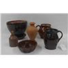 Image 1 : Six piece redware grouping including bean pot, turk mold, pitcher, planter, etc. Some with minor chi
