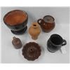 Image 2 : Six piece redware grouping including bean pot, turk mold, pitcher, planter, etc. Some with minor chi