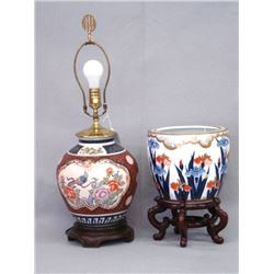 Two 20th C oriental vases including a hand painted porcelain jar made converted to lamp -  10.25" H,