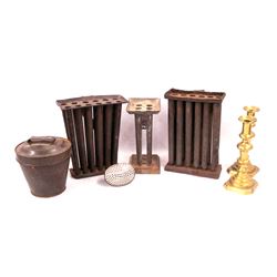 Grouping of country items including 3 tin candle molds (one with replaced handle and another with br