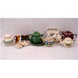 Grouping of miscellaneous china and art pottery items including 5 teapots (Hall and Sadler England, 