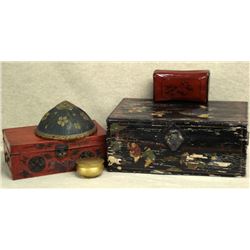 Five oriental items including 1) a 23" lacquered box with painted figures, flowers, and butterflies 