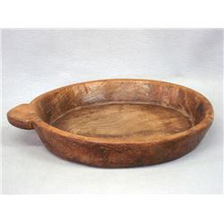 Early shallow wooden bowl with single wooden handle - (14.25  dia.) Shrinkage crack in center and tw