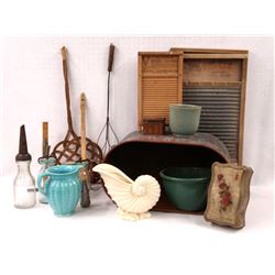 Grouping of country items including a brass boiler, two advertising washboards one with a tin insert