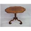 Image 2 : Small pedestal table with a shaped inlaid top,  burl veneer center on a mahogany tripod base. 22.25"