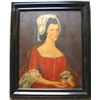 Image 1 : O/C Folk art portrait of an 18thC woman in a red dress holding a peach, executed at a later date. 24