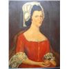Image 2 : O/C Folk art portrait of an 18thC woman in a red dress holding a peach, executed at a later date. 24