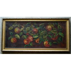 O/C still life of apples on a branch, unsigned, very good condition, 16.25  x 36  - early to mid 20t