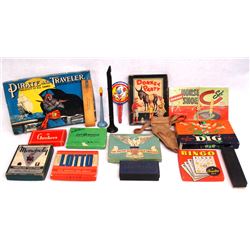 Large mid 20thC board and card games including an Auburn rubber horse shoe game, Parcheesi, Monopoly