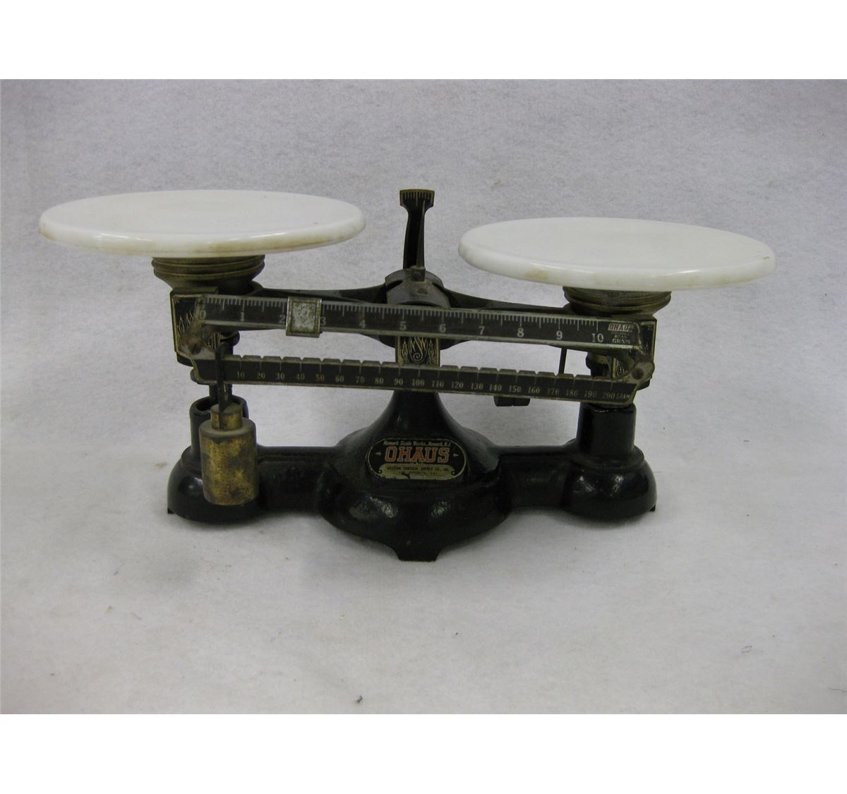 Ohaus Cast Iron Brass Balance Scale With Round Milk Glass Trays
