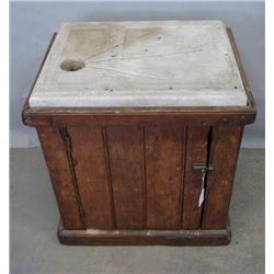 Primitive  19th C wainscot single door washstand with a ribbed marble drain board. 26.25 W x 27.5 H 