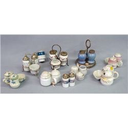 Eight condiment sets, three in silver-plate holders, one with a repaired mustard, another with a sma