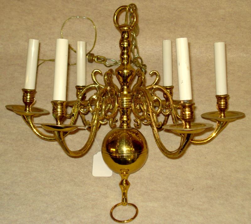 Five lighting fixtures including a custom made brass ceiling candelabra