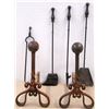 Image 1 : Lot of five fireplace items including a pair of cast iron cannonball andirons, and a four piece tool
