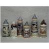 Image 1 : Six German beer steins including a one liter stein with a beer hall scene where it appears three ove
