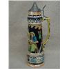 Image 2 : Massive German beer stein 26.5"H, main figure is of three men at a table with a maiden leaning on th