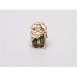 20th C. Netsuke Ivory - Old Man With Staff