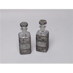 Pr of Metal Clad Decanter Bottles
