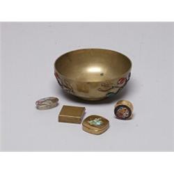 4 Brass Miniature Boxes& Oriental Bowl