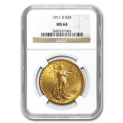 1911-D $20 St. Gaudens Gold Double Eagle MS-64 NGC