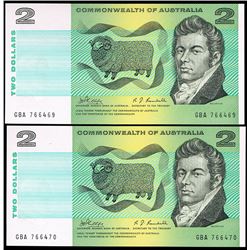 1968 Phillips/Randall QEII Two Dollar Note Consecutive Pair