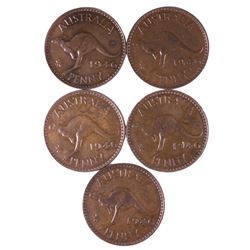 1946 Australian KGVI Penny x 5