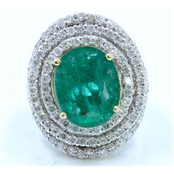 EMERALD OVAL 8.68CT, 14K W/Y/G RING 17.55GM / DIAMOND 3.68CT