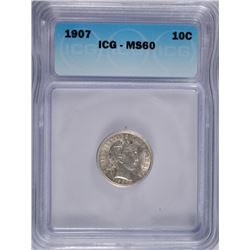 1907 BARBER DIME, ICG MS-60 WHITE!!