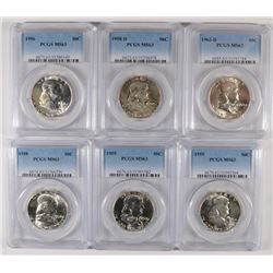 1955, 56, 58-P,D, 59, 63-D FRANKLIN HALF DOLLARS, PCGS MS-63