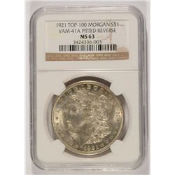 1921 MORGAN SILVER DOLLAR, NGC MS-63 VAM-41A PITTED REVERSE  TOP 100