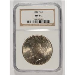1922 PEACE SILVER DOLLAR, NGC MS-63