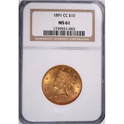 1891-CC $10 GOLD LIBERTY NGC MS-61