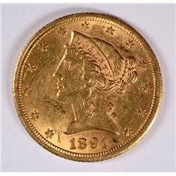 1891-CC $5 GOLD LIBERTY AU-50