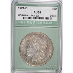 1921-D MORGAN SILVER DOLLAR, NTC AU-55 VAM-3A