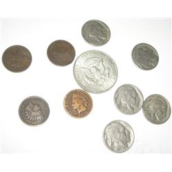 10 TOTAL U.S. COINS INCLUDES SILVER KENNEDY HALF DOLLAR/INDIAN HEAD CENTS & BUFFALO NICKELS!!