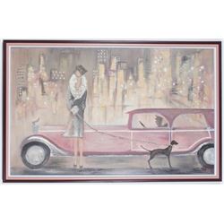 Original Painting Deco Mixed Media Woman Dog Limo Car