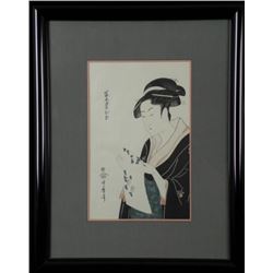 Geisha Portrait Utamaro Style Woodblock Print Framed