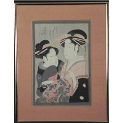 2 Geisha Portrait Utamaro Style Woodblock Print Framed