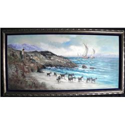 Oil on Board Greek Long Blue Ocean Scene