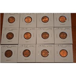 (12) 1970's Mixed Canada 1-Cent - BU/UNC