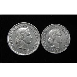 2 Gem Unc Choice Swiss 10 + 20 Rappen Coins 1932 + 1929