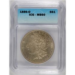 1886-O MORGAN DOLLAR, ICG MS-60 VERY SCARCE IN UNC CONDITION