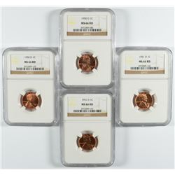 2 1950-D, & 2 51-D LINCOLN CENTS NGC MS-66 RD